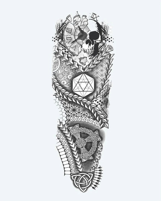 Geometric Skull & Sacred Geometry semi-permanent tattoo design by INKON – full, sleeve, combining, skull, sacred illustration, 8 x 20 in (20x50cm), available at inkon.co