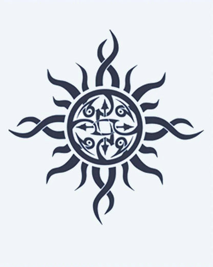 Tribal Sun semi-permanent tattoo design by INKON – ornate, tribal, flowing, flame, rays illustration, 2 x 2 in (5x5cm), available at inkon.co