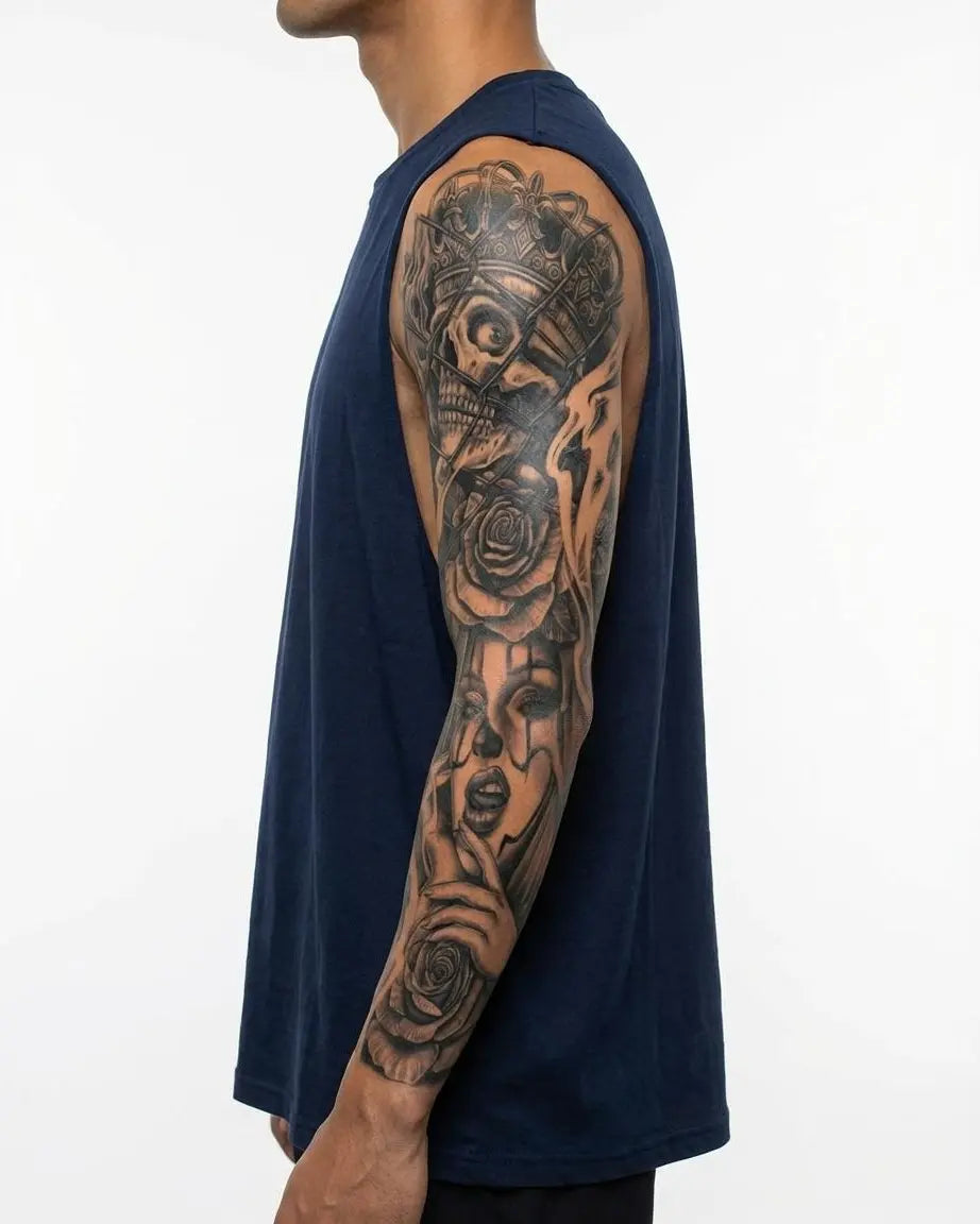 INKON Skull King & Queen semi-permanent tattoo applied on a man – 8 x 20 in (20x50cm) design, realistic ink look, lasts 10 days