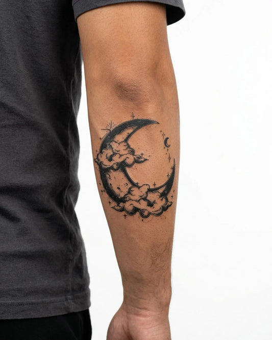 INKON Crescent Moon & Clouds semi-permanent tattoo applied on a man – 4 x 4 in (9x9cm) design, realistic ink look, lasts 10 days