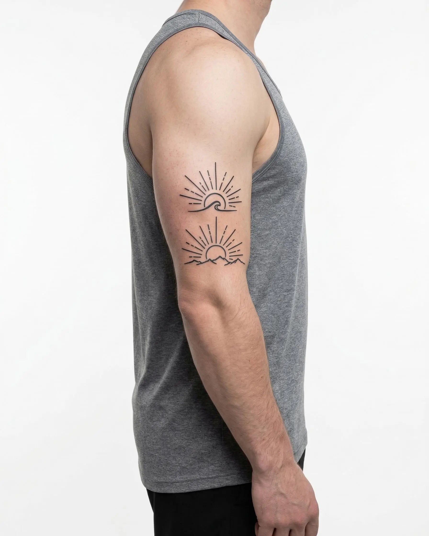 INKON Sunrise Wave & Mountains semi-permanent tattoo applied on a man – 4 x 7 in (10x17cm) design, realistic ink look, lasts 10 days