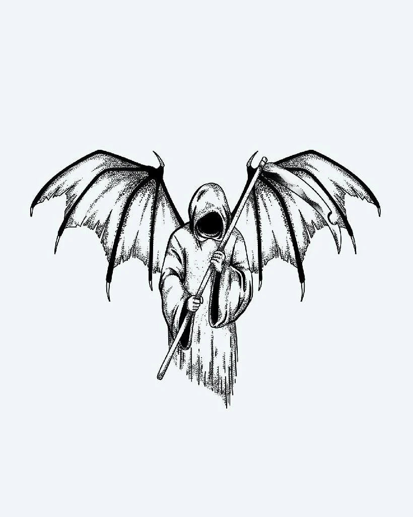 Winged Reaper semi-permanent tattoo design by INKON – dark, dramatic, hooded, grim, reaper illustration, 4 x 7 in (10x17cm), available at inkon.co