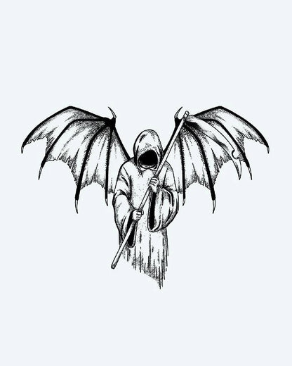 Winged Reaper semi-permanent tattoo design by INKON – dark, dramatic, hooded, grim, reaper illustration, 4 x 7 in (10x17cm), available at inkon.co