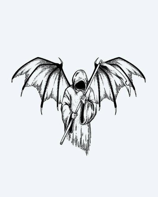 Winged Reaper semi-permanent tattoo design by INKON – dark, dramatic, hooded, grim, reaper illustration, 4 x 7 in (10x17cm), available at inkon.co
