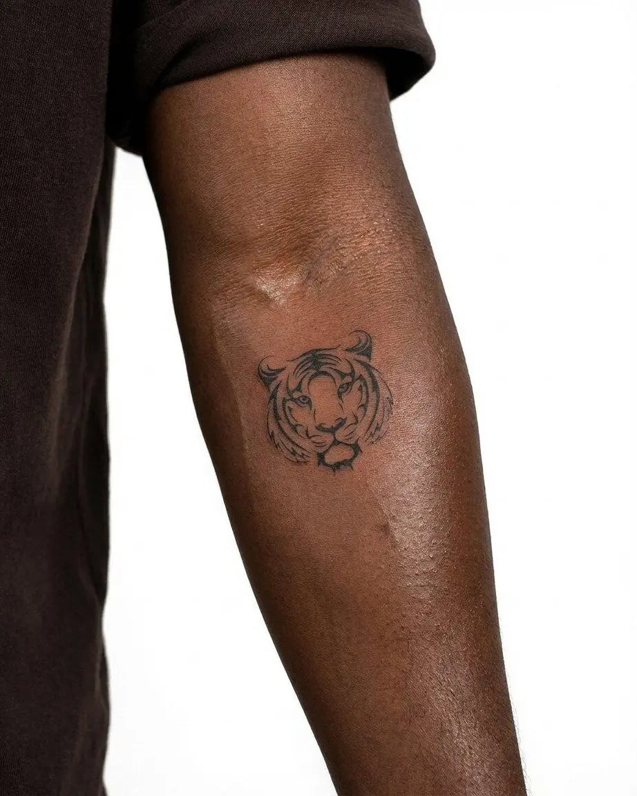 INKON Tiger Face semi-permanent tattoo applied on a man – 2 x 2 in (5x5cm) design, realistic ink look, lasts 10 days