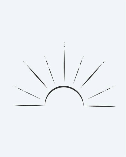 Rising Sun semi-permanent tattoo design by INKON – delicate, half, radiating, rays, dotted illustration, 2 x 2 in (5x5cm), available at inkon.co
