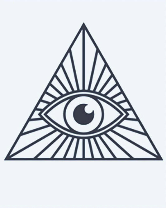 All-Seeing Eye semi-permanent tattoo design by INKON – providence, inside, triangle, radiating, light illustration, 2 x 2 in (5x5cm), available at inkon.co