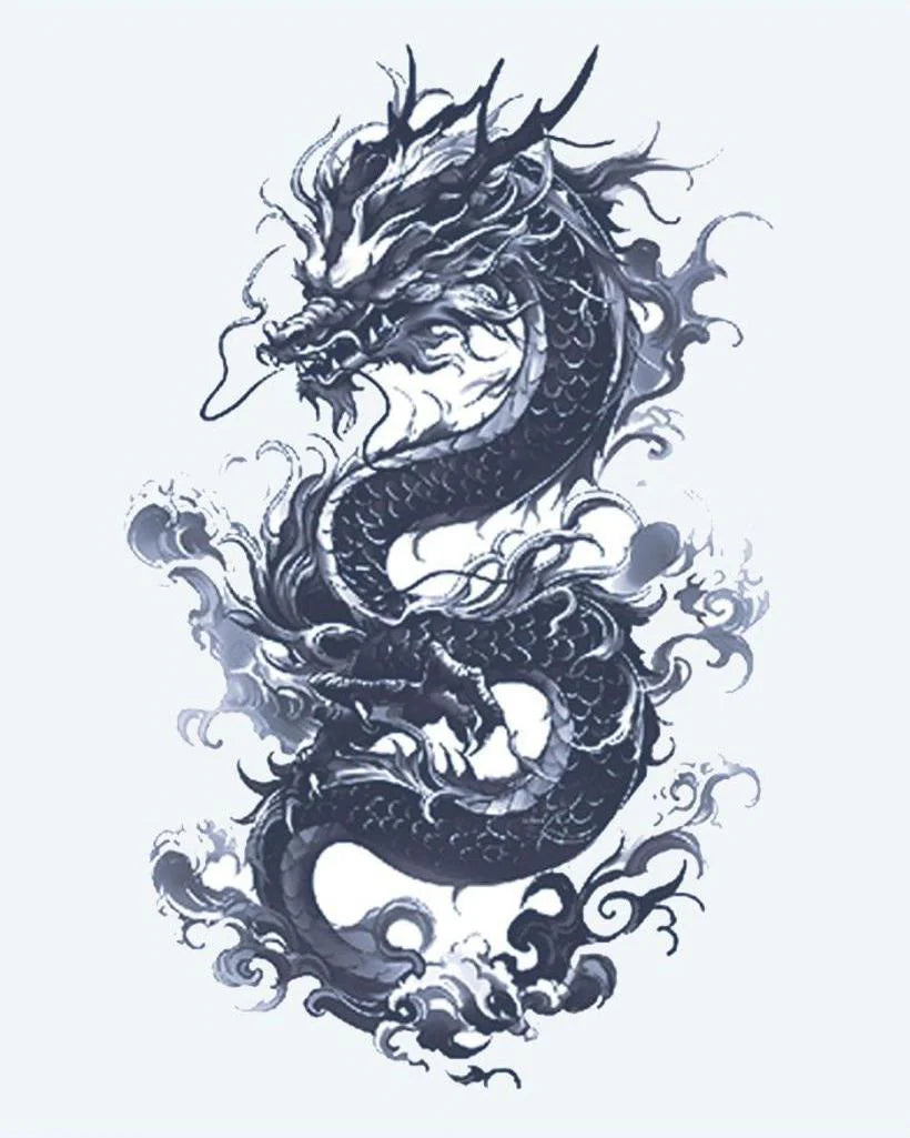 Asian Dragon semi-permanent tattoo design by INKON – majestic, coiling, asian, dragon, flowing illustration, 4 x 7 in (10x17cm), available at inkon.co