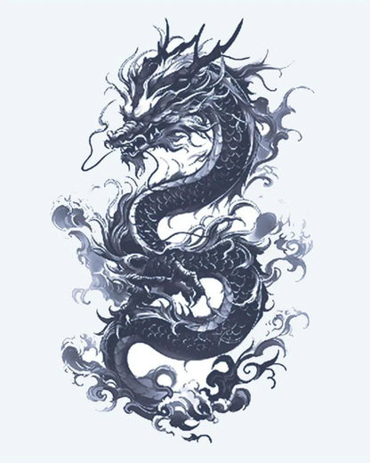 Asian Dragon semi-permanent tattoo design by INKON – majestic, coiling, asian, dragon, flowing illustration, 4 x 7 in (10x17cm), available at inkon.co