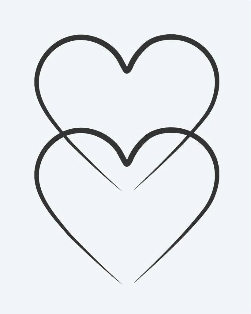 Double Hearts semi-permanent tattoo design by INKON – overlapping, outlined, hearts, line, behind illustration, 2 x 2 in (5x5cm), available at inkon.co