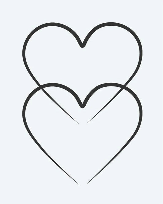 Double Hearts semi-permanent tattoo design by INKON – overlapping, outlined, hearts, line, behind illustration, 2 x 2 in (5x5cm), available at inkon.co