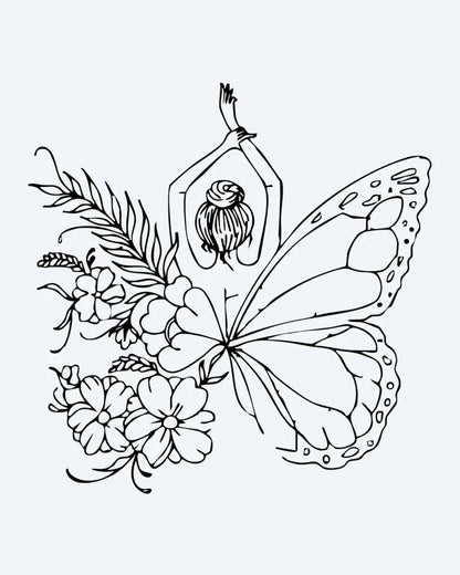 Floral Butterfly Woman semi-permanent tattoo design by INKON – whimsical, woman, butterfly, wings, surrounded illustration, 4 x 4 in (9x9cm), available at inkon.co