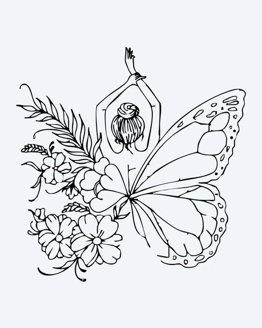 Floral Butterfly Woman semi-permanent tattoo design by INKON – whimsical, woman, butterfly, wings, surrounded illustration, 4 x 4 in (9x9cm), available at inkon.co