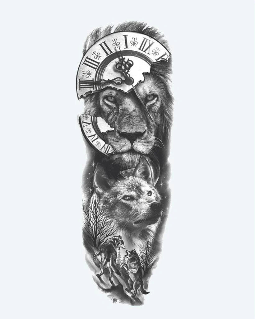 Lion, Wolf & Clock semi-permanent tattoo design by INKON – full, sleeve, majestic, lion, wolf illustration, 8 x 20 in (20x50cm), available at inkon.co