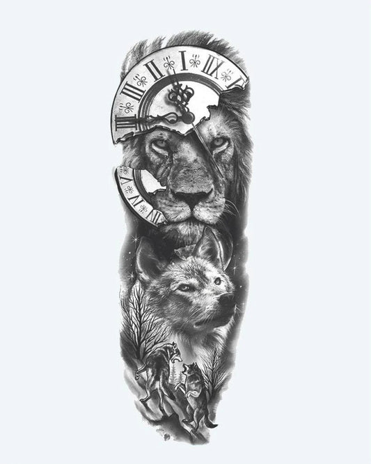 Lion, Wolf & Clock semi-permanent tattoo design by INKON – full, sleeve, majestic, lion, wolf illustration, 8 x 20 in (20x50cm), available at inkon.co