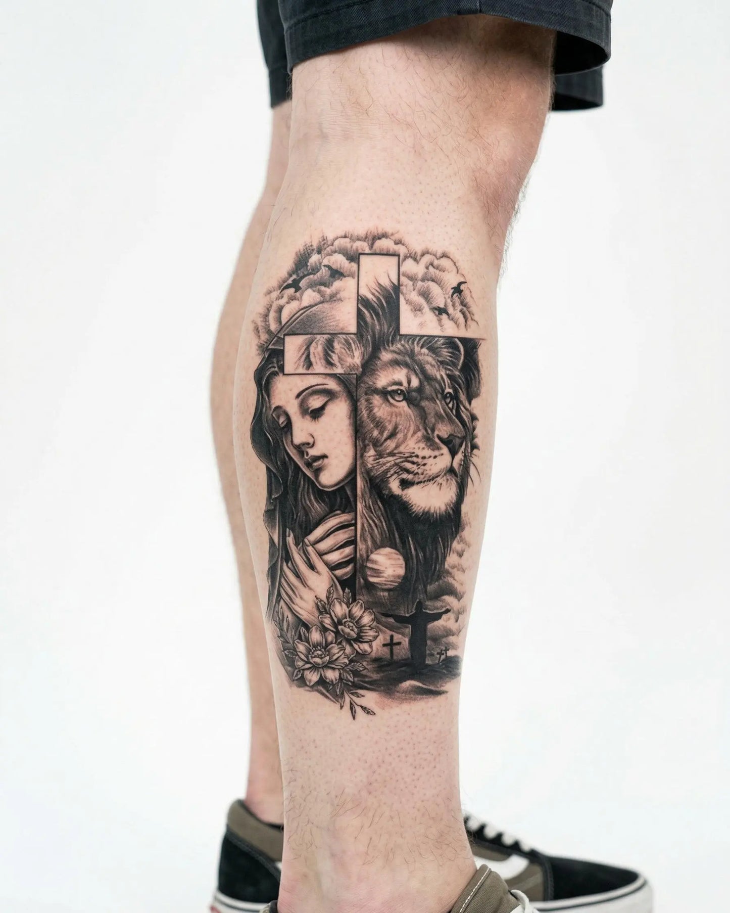 INKON Praying Woman, Lion & Cross semi-permanent tattoo applied on a man – 4 x 7 in (10x17cm) design, realistic ink look, lasts 10 days
