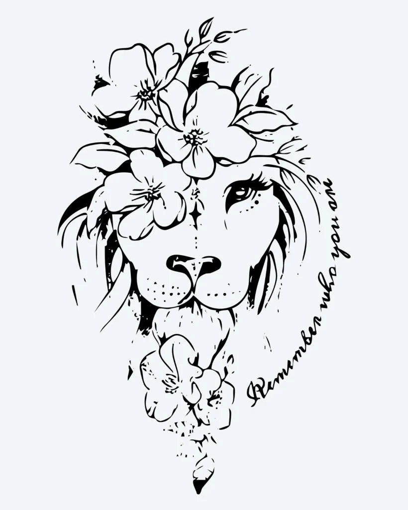 Floral Lion semi-permanent tattoo design by INKON – gentle, lion, face, adorned, crown illustration, 4 x 7 in (10x17cm), available at inkon.co