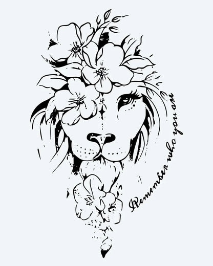 Floral Lion semi-permanent tattoo design by INKON – gentle, lion, face, adorned, crown illustration, 4 x 7 in (10x17cm), available at inkon.co