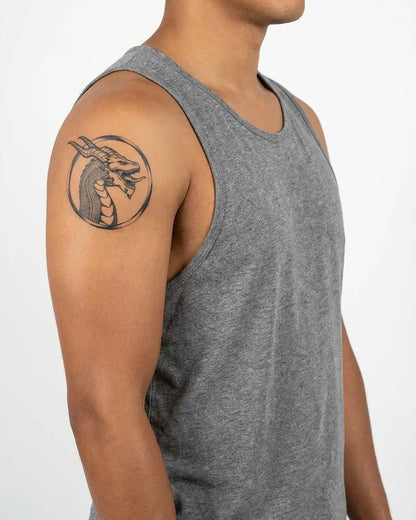 INKON Horned Dragon Portrait semi-permanent tattoo applied on a man – 4 x 4 in (9x9cm) design, realistic ink look, lasts 10 days