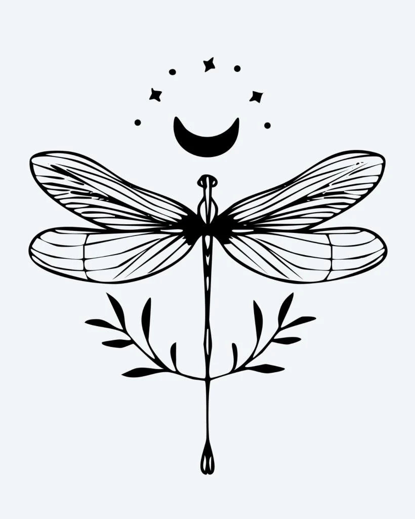Celestial Dragonfly semi-permanent tattoo design by INKON – whimsical, dragonfly, crescent, moon, stars illustration, 3 x 4 in (6x11cm), available at inkon.co