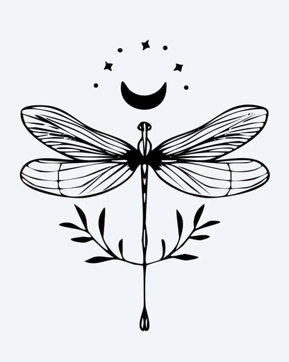 Celestial Dragonfly semi-permanent tattoo design by INKON – whimsical, dragonfly, crescent, moon, stars illustration, 3 x 4 in (6x11cm), available at inkon.co
