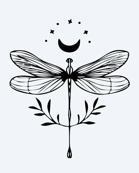 Celestial Dragonfly semi-permanent tattoo design by INKON – whimsical, dragonfly, crescent, moon, stars illustration, 3 x 4 in (6x11cm), available at inkon.co
