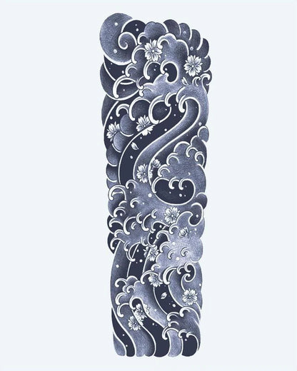 Japanese Waves & Sakura semi-permanent tattoo design by INKON – full, sleeve, japanese, waves, rolling illustration, 8 x 20 in (20x50cm), available at inkon.co