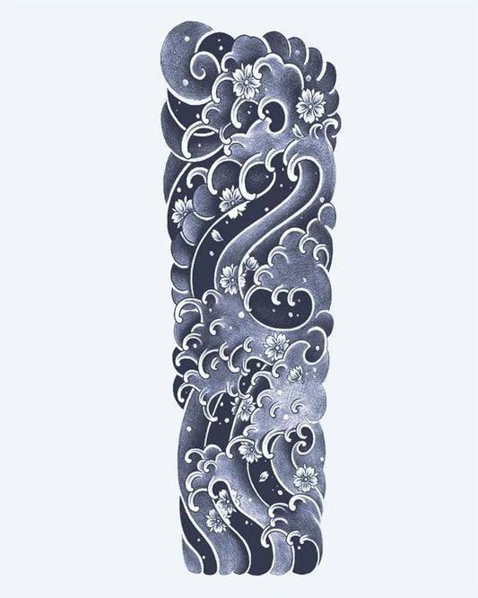 Japanese Waves & Sakura semi-permanent tattoo design by INKON – full, sleeve, japanese, waves, rolling illustration, 8 x 20 in (20x50cm), available at inkon.co