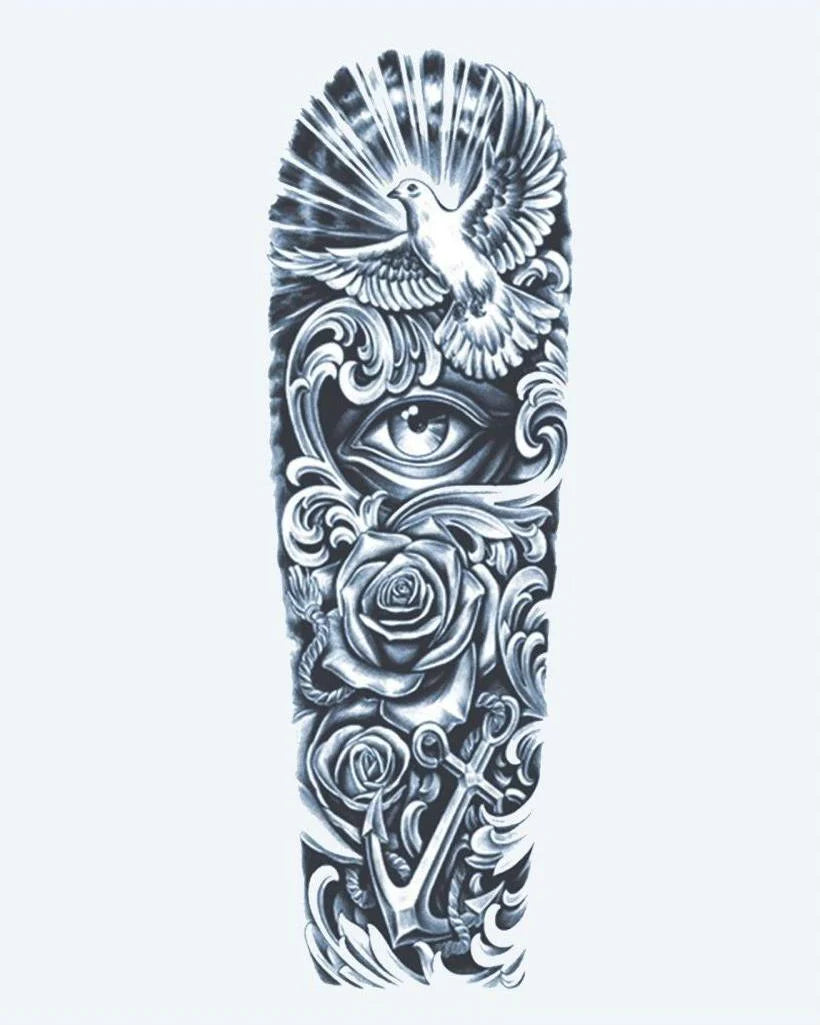 Dove, Eye & Anchor semi-permanent tattoo design by INKON – symbolic, full, sleeve, dove, flight illustration, 8 x 20 in (20x50cm), available at inkon.co