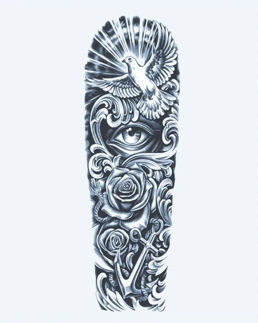 Dove, Eye & Anchor semi-permanent tattoo design by INKON – symbolic, full, sleeve, dove, flight illustration, 8 x 20 in (20x50cm), available at inkon.co