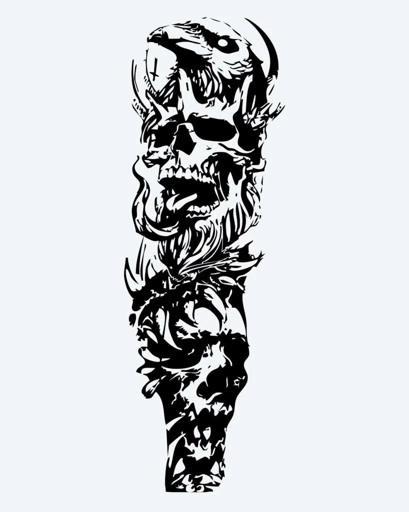 Skull & Floral Chaos semi-permanent tattoo design by INKON – aggressive, snarling, skull, swirling, organic illustration, 8 x 20 in (20x50cm), available at inkon.co