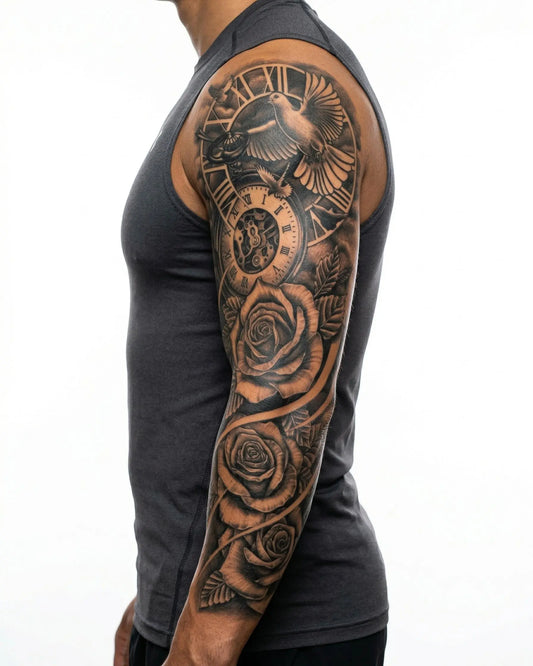 INKON Clock, Dove & Roses semi-permanent tattoo applied on a man – 8 x 20 in (20x50cm) design, realistic ink look, lasts 10 days
