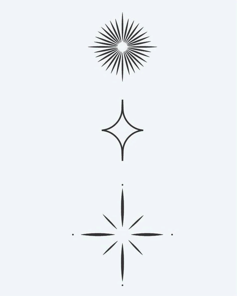 Celestial Starburst Trio semi-permanent tattoo design by INKON – minimalist, three, geometric, star, shapes illustration, 3 x 4 in (6x11cm), available at inkon.co