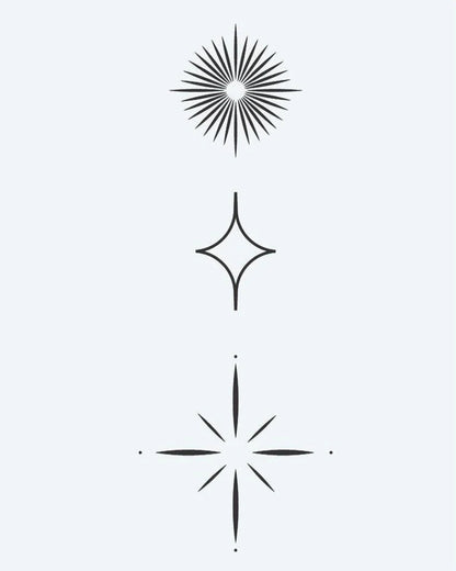Celestial Starburst Trio semi-permanent tattoo design by INKON – minimalist, three, geometric, star, shapes illustration, 3 x 4 in (6x11cm), available at inkon.co
