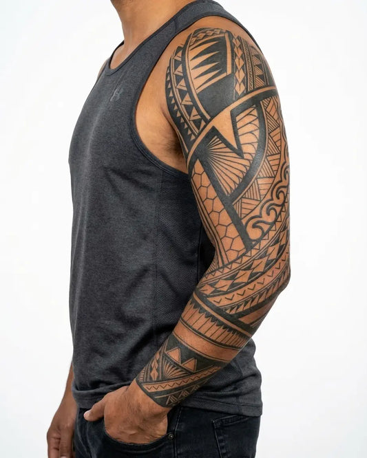 INKON Samoan Geometric Sleeve semi-permanent tattoo applied on a man – 8 x 20 in (20x50cm) design, realistic ink look, lasts 10 days