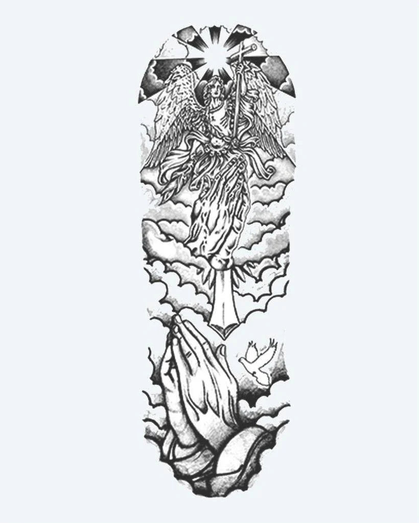 Angel & Praying Hands Sleeve semi-permanent tattoo design by INKON – spiritual, full, sleeve, guardian, angel illustration, 8 x 20 in (20x50cm), available at inkon.co