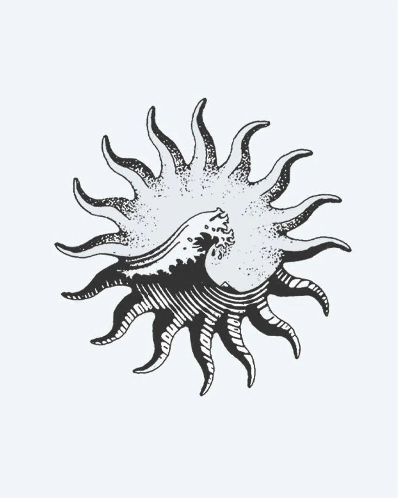 Sun & Wave semi-permanent tattoo design by INKON – vintage, wavy, rays, crashing, ocean illustration, 4 x 4 in (9x9cm), available at inkon.co