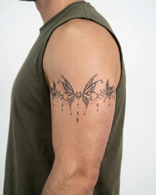 INKON Butterfly Heart Band semi-permanent tattoo applied on a man – 4 x 8 in (11x21cm) design, realistic ink look, lasts 10 days