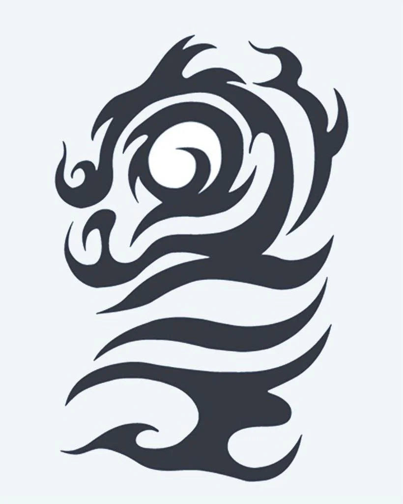 Tribal Dragon Head semi-permanent tattoo design by INKON – tribal, dragon, head, swirling, curves illustration, 4 x 7 in (10x17cm), available at inkon.co