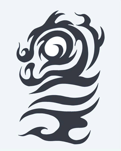 Tribal Dragon Head semi-permanent tattoo design by INKON – tribal, dragon, head, swirling, curves illustration, 4 x 7 in (10x17cm), available at inkon.co