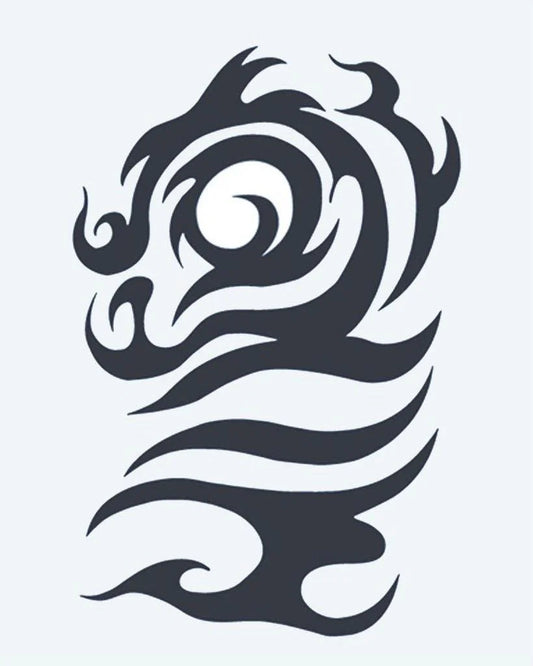 Tribal Dragon Head semi-permanent tattoo design by INKON – tribal, dragon, head, swirling, curves illustration, 4 x 7 in (10x17cm), available at inkon.co