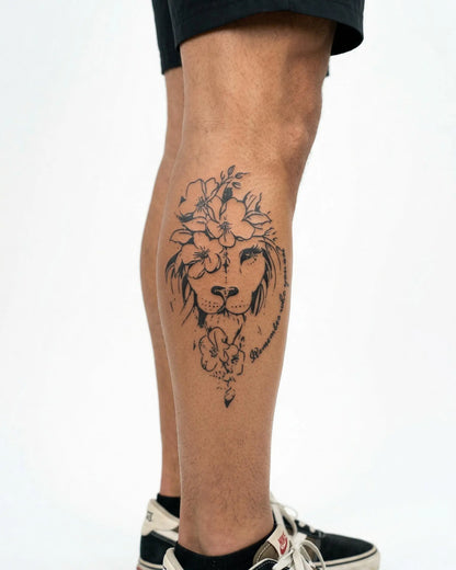 INKON Floral Lion semi-permanent tattoo applied on a man – 4 x 7 in (10x17cm) design, realistic ink look, lasts 10 days