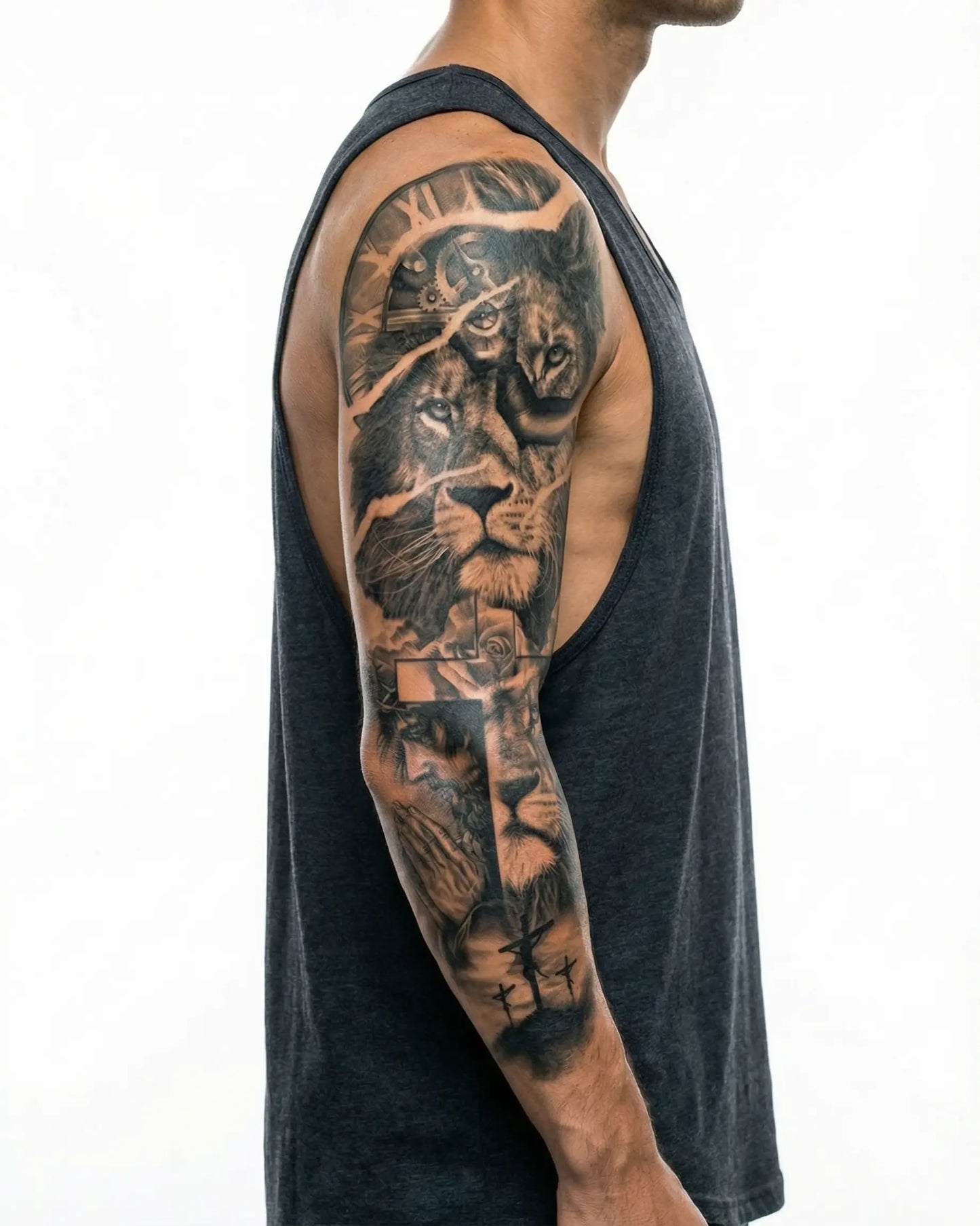 INKON Lion, Cross & Praying Hands semi-permanent tattoo applied on a man – 8 x 20 in (20x50cm) design, realistic ink look, lasts 10 days