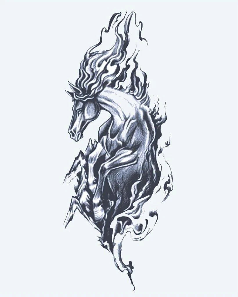 Wild Horse semi-permanent tattoo design by INKON – rearing, horse, flowing, mane, dramatic illustration, 4 x 7 in (10x17cm), available at inkon.co