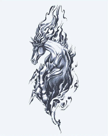 Wild Horse semi-permanent tattoo design by INKON – rearing, horse, flowing, mane, dramatic illustration, 4 x 7 in (10x17cm), available at inkon.co
