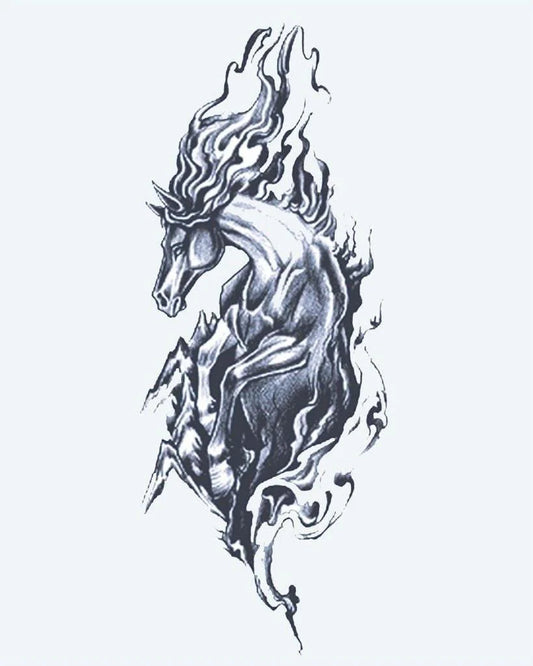 Wild Horse semi-permanent tattoo design by INKON – rearing, horse, flowing, mane, dramatic illustration, 4 x 7 in (10x17cm), available at inkon.co