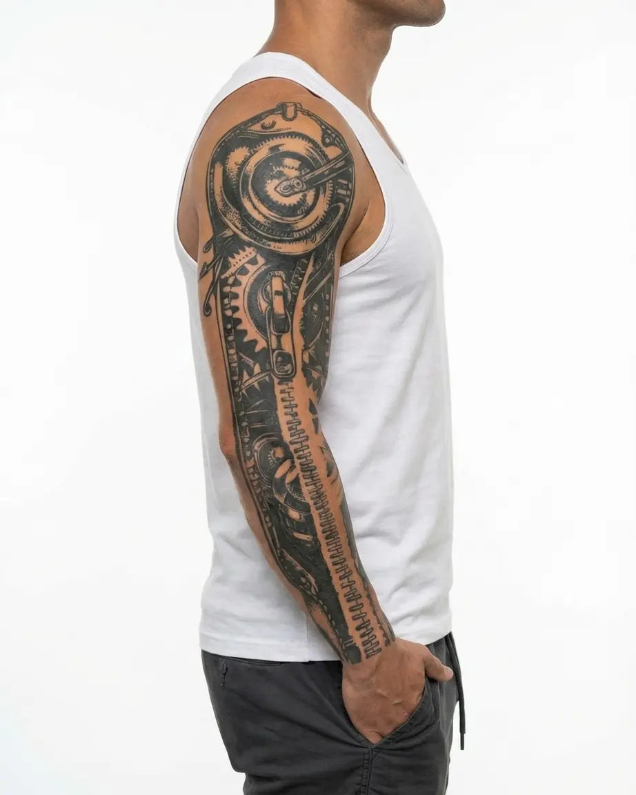 INKON Steampunk Mechanical Gears semi-permanent tattoo applied on a man – 8 x 20 in (20x50cm) design, realistic ink look, lasts 10 days