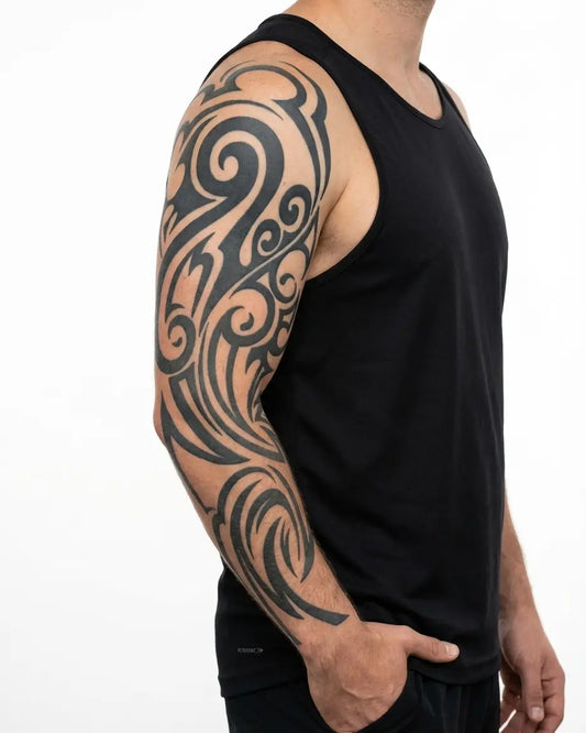 INKON Organic Tribal Foliage semi-permanent tattoo applied on a man – 8 x 20 in (20x50cm) design, realistic ink look, lasts 10 days