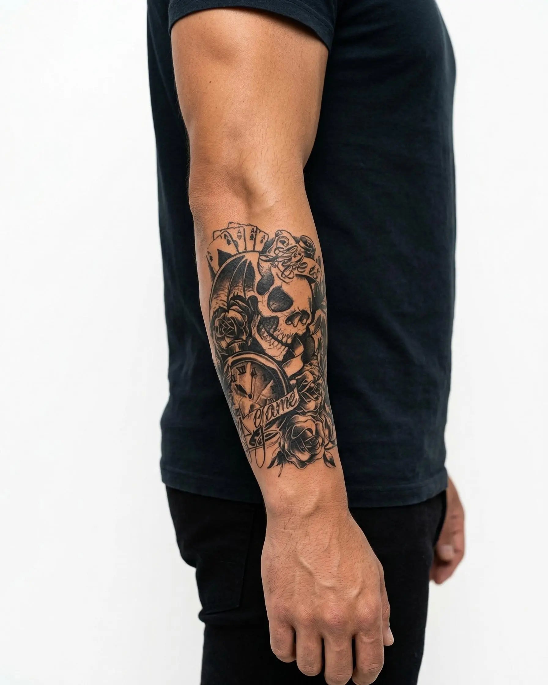 INKON Skull, Clock & Cards semi-permanent tattoo applied on a man – 4 x 7 in (10x17cm) design, realistic ink look, lasts 10 days