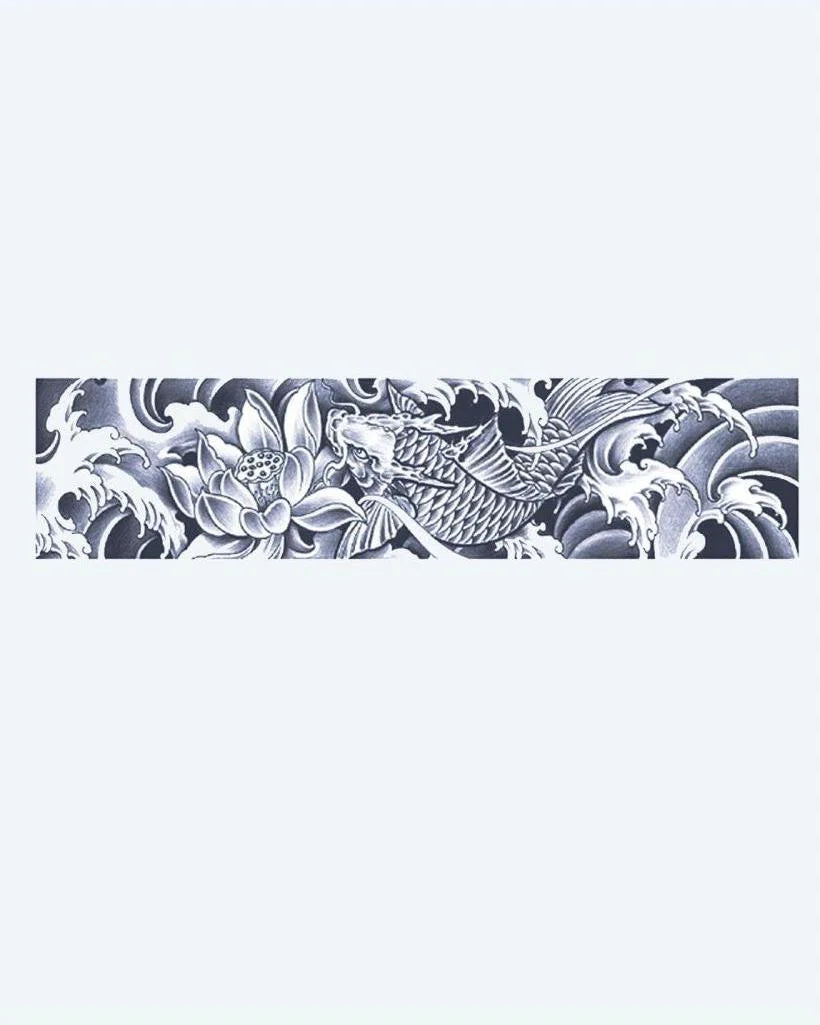 Koi Fish & Lotus Waves semi-permanent tattoo design by INKON – japanese, horizontal, band, fish, swimming illustration, 2 x 9 in (5x23cm), available at inkon.co